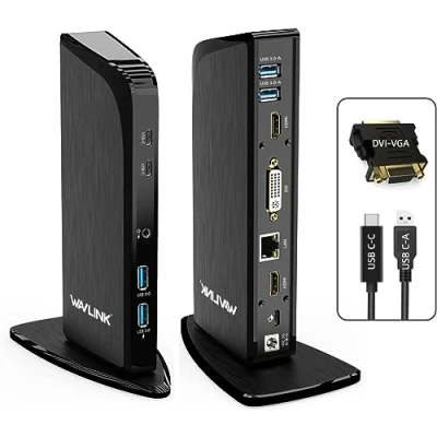 Immagine di WAVLINK Docking Station 3 Monitors, USB C/USB3.0 Universal Dock Displaylink, con 4K HDMI, 2K DVI, 100W PD C, Gigabit Ethernet, 3.0, C Audio/Mic per Mac Windows.