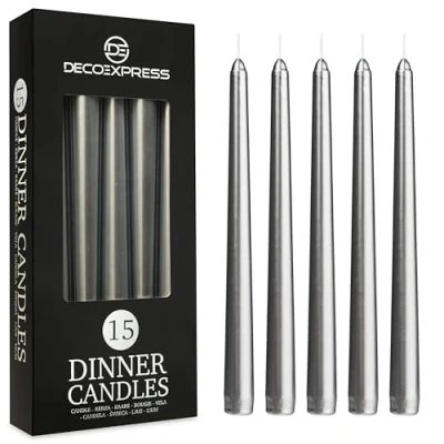 Immagine di Candele Lunghe Bianche e Colorate Pacco da 6/10/15/50 8 Ore Lunga Durata per Candelabro Eleganti Cena Festività (Argentato 15)