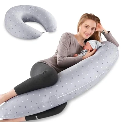 Immagine di Lannvan Cuscino Allattamento e Gravidanza per Neonato con Federa in 100% Cotone dormire Copertura Sfoderabile Lavabile Grigio