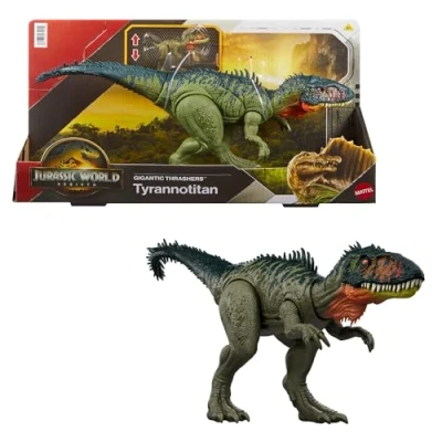 Immagine di Mattel Jurassic World La Rinascita, Predatori Giganti, dinosauro giocattolo Tirannotitano, 2 attacchi furiosi attivati dalla coda, gioco digitale, JCL75