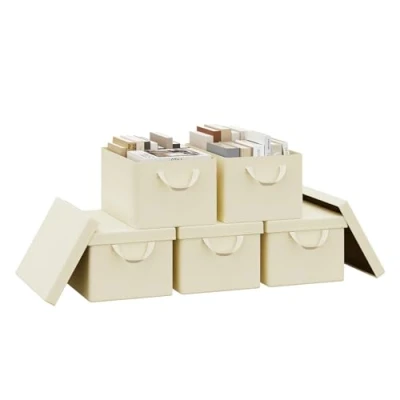 Immagine di WOLTU Scatola Portaoggetti Pieghevole, Set di 5 Ceste in Tessuto, Cubo con Coperchio e Maniglie, per Vestiti, Libri Giocattoli, Crema, 38x20x27 cm, ABB01cm
