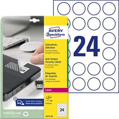 Immagine di Avery Zweckform, L6112 20, 20 etichette in poliestere per la sigillatura delle custodie CD, Ø 40 mm