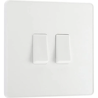 Immagine di BG Electrical Interruttore doppio da parete, 2 vie, piastra frontale senza viti, bordi arrotondati, Evolve, bianco perlato, 20A, 16AX, PCDCL42W