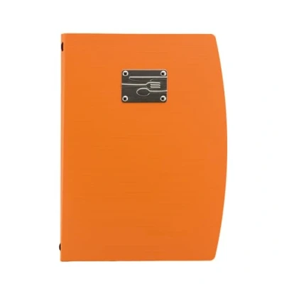 Immagine di SECURIT Porta Menu Linea Rio Per Caffè, Ristoranti, Bar Formato A4 Placca Serigrafata In Acciaio Inox Con Disegno Delle Posate 1 Doppio Inserto Incluso Colore Arancione