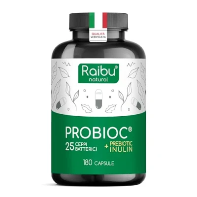 Immagine di Probiotici Fermenti Lattici Probioc 180 Capsule, 25 Ceppi Batterici con Inulina, 60 Miliardi UFC Resistenti ai Succhi Gastrici, Alta Dosaggio &amp; Inclusi Lactobacillus e Bifidobatteri Raibu