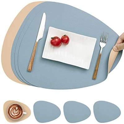 Immagine di Myir JUN Tovagliette in Pelle e Sottobicchieri, Set Americana Plastica Lavabili Bifacciale Non scivolose Impermeabile Triangolari (Set di 4, Beige Azzurro)