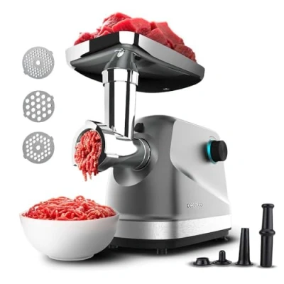 Immagine di Cecotec Tritacarne Elettrico Crusher 1400 Steel. 1360W, Ottimo per Tritare, Macinare e Tagliare, 1 Lama Acciaio Inossidabile, 3 Piastre di Taglio con fori 3, 5 7mm, Preparazione della salsiccia