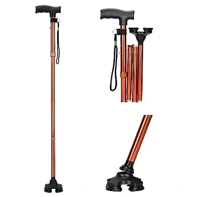 Immagine di supregear Bastone da Passeggio Pieghevole, Antiscivolo Self Standing 4 Zampe per Anziani Disabili, 5 Livello Altezza Regolabile con T Maniglia e Anti Perso Polso Cinghia