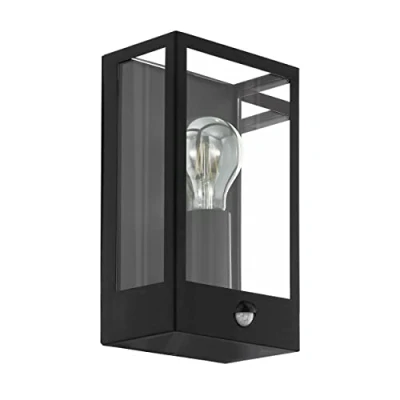 Immagine di Eglo lampada da parete per esterni Alamonte, esterno con rilevatore di movimento, sensore crepuscolare, metallo in nero, vetro chiaro, E27, IP44