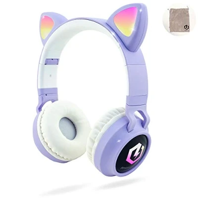 Immagine di PowerLocus Cuffie Bluetooth per Bambini, Senza Fili Over Ear, Limitatore audio a 85 dB, Con orecchie LED, Pieghevole, Microfono, Micro SD, Sacchetto da Trasporto Viaggio/Telefono/PC