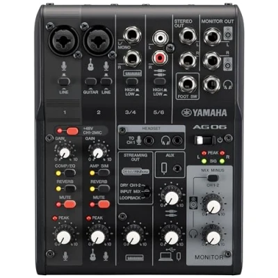 Immagine di Mixer Yamaha AG06MK2 a 6 Canali per Streaming Live con Interfaccia Audio USB, Windows, Mac, iOS e Android, Nero