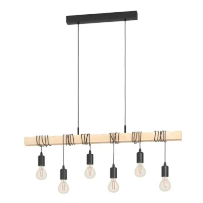 Immagine di Eglo Lampada a sospensione Townshend, Lampadario sospeso vintage quattro luci dal design industriale, sospesa retrò in acciaio e legno, bianco, marrone, E27, certificazione FSC