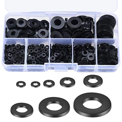Immagine di 500 Pezzi Rondella in Nylon, Kit Assortimento Distanziatore Piatta, Guarnizioni Nero M2/M2.5/M3/M4/M5/M6/M8/M10