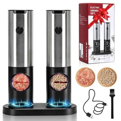 Immagine di Podazz Set Macina Sale e pepe Elettrico, Macinaspezie con Base Ricaricabile USB, elettrico in acciaio inox Luce LED Bianca Rugosità Regolabile, Macinazione automatica