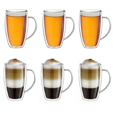 Immagine di Creano tazze in vetro termico a doppia parete con manico, 400 ml, grandi borosilicato parete, da tè/caffè, 6x400 ml