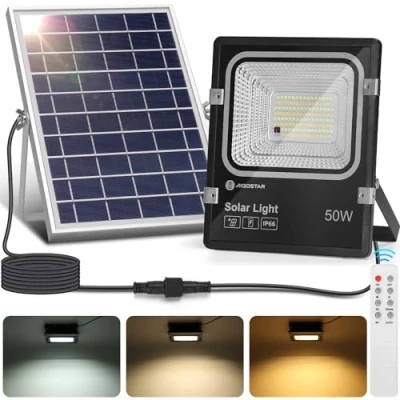 Immagine di Aigostar Faro led esterno con pannello solare，50W，dimmerabile，Faretto solare telecomando e timer，IP66，5000mAH，Batteria di grande capacità，Faretti solari cavo 2M.