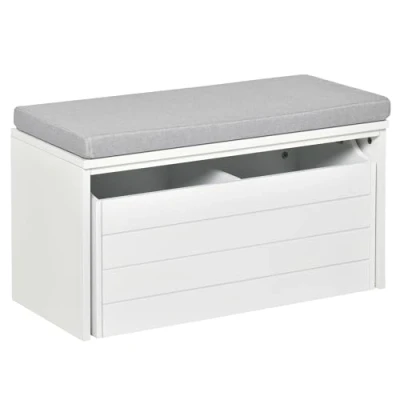 Immagine di HOMCOM Panca portaoggetti con cuscino grigio Scarpiera per scarpe grande cassetto doppio scomparto MDF bianco