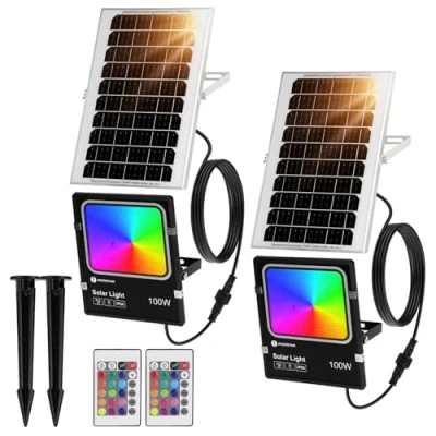 Immagine di Aigostar 100W Faro LED Esterno RGB con Telecomando, 8000mAh Batteria di Grande Capacità e Pannello Solare. Faretti Solari per Interni, Giardini, Cortili, Portici, Impermeabile IP66, 2 Unità