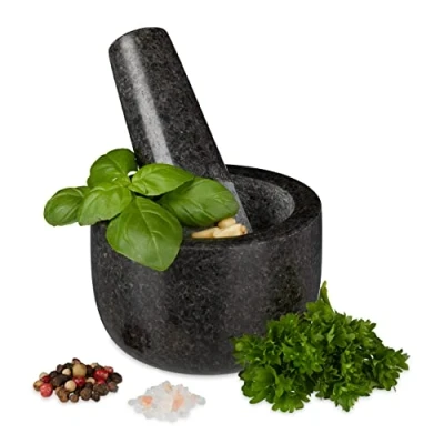 Immagine di Relaxdays Mortaio &amp; Pestello in Granito, Robusto Resistente, Erbe Aromatiche, Pietra Lucida, V 100ml, Ø 8,5, Grigio, Antracite