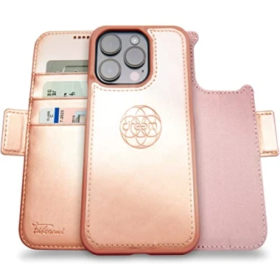 Immagine di dreem Fibonacci compatibile con iPhone 14 Pro custodia a portafoglio/custodia antiurto 2 in 1 e folio pelle vegana staccabile, MagSafe, protezione RFID [Rosa]