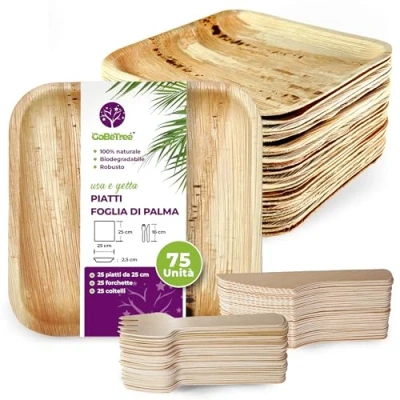 Immagine di stoviglie monouso da 75 pezzi, 25 piatti quadrati in foglia di palma, set posate legno betulla forchette e coltelli, rustiche ed eleganti, biodegradabili