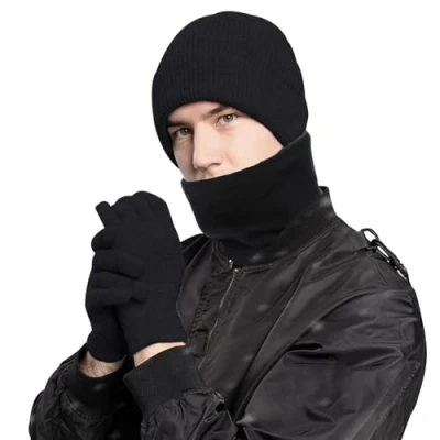 Immagine di HOOPOE Set Sciarpa Cappello Guanti Donna Uomo,3 in 1 e Guanti,Set Uomo,Berretto Invernale Uomo,Guanti Scooter Invernali per Caldo Antivento (Nera)