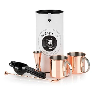 Immagine di Buddy&#039;s bar Moscow Mule set completo, 2 bicchieri da cocktail 500 ml, cucchiaio 27 cm, misuratore 5 cl e spremiagrumi nero, per uso alimentare, di tazze con