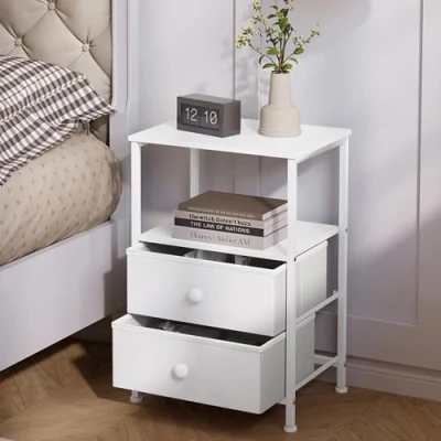 Immagine di EUGAD Comodino Camera da Letto, Bianco con 2 Cassetti in Tessuto e 1 Scomparto Aperto, 40x30x60cm, Tavolino Divano, Basso Salotto, Moderno, Legno Metallo, 0009CTG