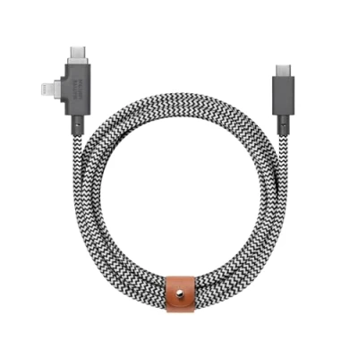 Immagine di Native Union Belt Cable Duo Pro 240W Cavo di ricarica universale ultra resistente intrecciato da 8 piedi Connettori 2 in 1 certificati MFi per dispositivi Lightning e Type C (Zebra)