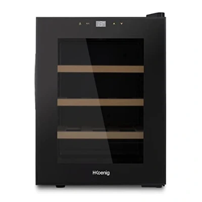 Immagine di H.Koenig Cantina per vini 12 bottiglie AGE12, 31 L, professionale in acciaio inox, refrigerante, termoelettrica, regolabile da 8C a 18C, silenziosa, illuminazione interna, 3 ripiani, nero