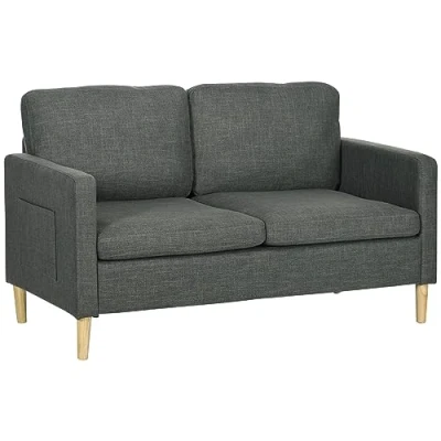 Immagine di HOMCOM Divano a 2 posti, stile contemporaneo, tasche sui braccioli, gambe in legno, rivestimento tessuto, effetto lino, colore: grigio