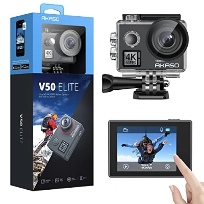 Immagine di AKASO V50 Elite Action Cam Native 4K/60FPS 20MP WiFi, Fotocamera Subacquea 40M Impermeabile con Touch Screen, Comandi Vocali, 8xZoom, Angolo Variabile, Stabilizzatore EIS, Kit di Accessori