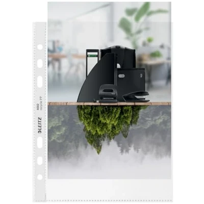 Immagine di Leitz Busta Perforata in Plastica, Formato A5, Confezione da 25, Superficie Opaca Goffrata, Spessore 100 Micron, 100% Riciclabile, Ecologico, Gamma Recycle, Trasparente, 40020003
