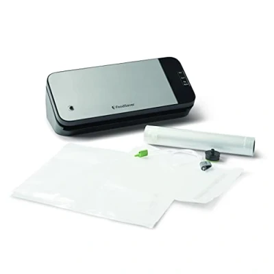 Immagine di FoodSaver VS2190X Macchina per Sottovuoto Alimenti, 10 Sacchetti Pretagliati, 1 Rotolo da 2,5 mt, Tubo Aspirazione Aria con adattatore Salva Freschezza, Argento/Nero