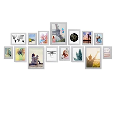 Immagine di PHOTOLINI Set di 15 cornici argento legno MDF, larghe, moderne, plexiglass infrangibile, da tavolo o parete, accessori extra per una parete dal look raffinato