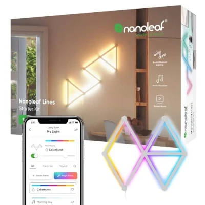Immagine di Nanoleaf Lines 60 Degrees Starter Kit, 9 Barre Luminose Led RGBW Smart e Modulari Applique da Parete Interno Modulari, Luci 16M Colori WiFi
