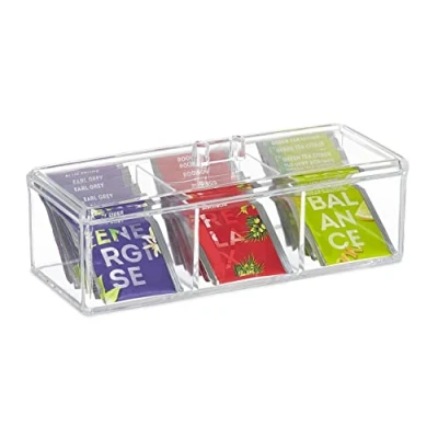 Immagine di Relaxdays Scatola Porta tè e Tisane, per Bustine, Organizer con Coperchio, Proteggi Aroma, HLP 9x23x9,5 cm, Trasparente, 100% plastica, 1 pz