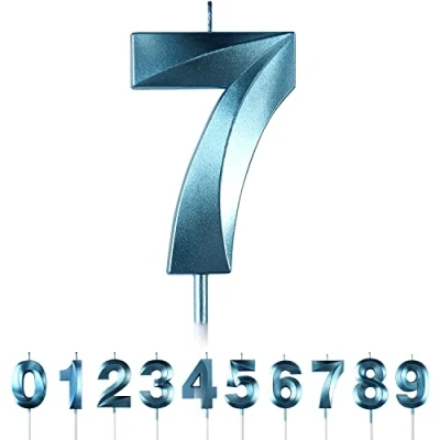 Immagine di candele di compleanno con numeri 7, blu, compleanno, 3D, forma diamante, numero 0, 1, 2, 3, 4, 5, 6, 8, 9, decorazione per torte, matrimoni, compleanni, anniversari