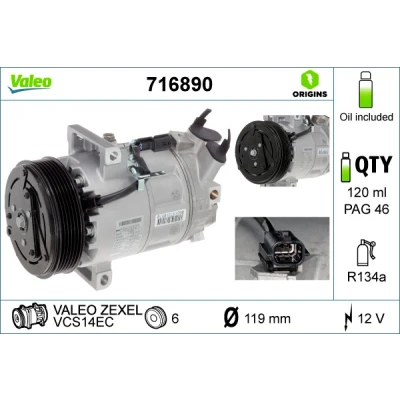 Immagine di VALEO 716890 compressore Aria Condizionata VCS14EC 12 PAG 46 R 134a con olio