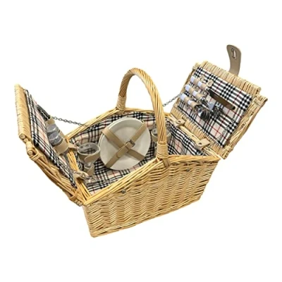 Immagine di Arthur Cameron set di cestini da picnic in vimini, completamente attrezzato con 2 bicchieri vino, piatti e posate, cestino per persone, realizzato a mano vimini naturale