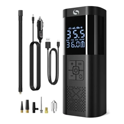 Immagine di SERVOMASTER Compressore Aria Portatile, Mini a Batteria con Manometro, Accessori Auto per Gli Uomini Donne, 150PSI 12V DC Gonfiatore Elettrico Luce LED Adatto Moto Bici Palla