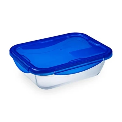 Immagine di Pyrex Cook&amp;Go Teglia Multiuso Rettangolare con Coperchio Ermetico, Vetro, TrasparenteYBlu, 20 x 15 5 cm, 1 pz.