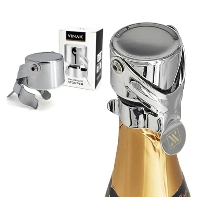 Immagine di VINAK Tappo per champagne in acciaio inox cromato Adatto a tutti i tipi di bottiglie spumante prosecco e vino Chiusura ermetica consente conservare tutte le proprietà