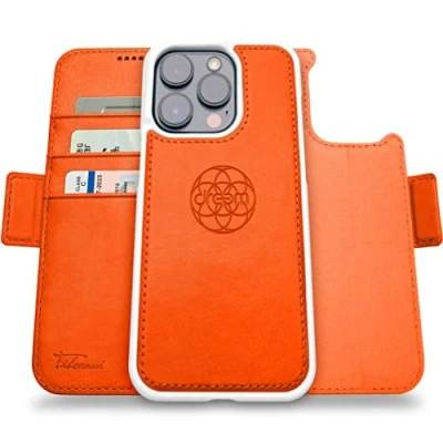 Immagine di dreem Fibonacci compatibile con iPhone 14 Pro custodia a portafoglio/custodia antiurto 2 in 1 e folio pelle vegana staccabile, MagSafe, protezione RFID [Arancione]