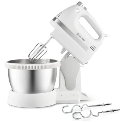 Immagine di Grunkel AM 350TURB05BOWL Frullatore a immersione con ciotola girevole in acciaio INOX, funzione turbo e 5 velocità, inclusa miscelatrice ganci Capacità: 2 l 350 W