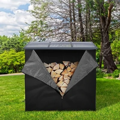 Immagine di ML Design Copertura per Legna da Ardere 185x125 cm Nero in Poliestere Resistente alle Intemperie Coperchio Ripiano 143x145 Portalegna Esterno