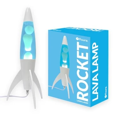 Immagine di Fisura Lampada di lava blu rocket. Base bianca, liquido e bianca. retrò con lampadina ricambio. 20 cm x 45 cm.