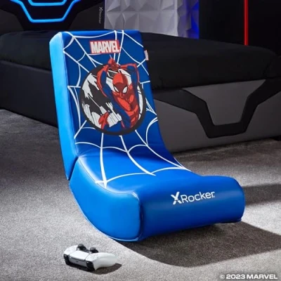 Immagine di X Rocker Sedia da gioco ufficiale Marvel Spider Man Video per ragazzi, sedile a dondolo pieghevole, con licenza Spiderman, in ecopelle, bambini Hero Edition BLU