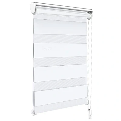 Immagine di VOUNOT Tenda a Rullo Doppia Strato Oscurante Giorno e Notte, Catenella Laterale, Bande Trasparenti Opache, Interno Zebra Blinds Bianco, 80 x 150 cm