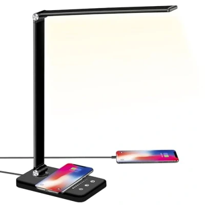 Immagine di BIENSER Lampada da Scrivania a LED, 10W Ricarica Wireless &amp; USB, 10 Luminosità x 5 Colori, Dimmerabile, Protezione degli occhi, Controllo Touch, Funzione di Memoria, 30/60 Min Timer Auto, 20W